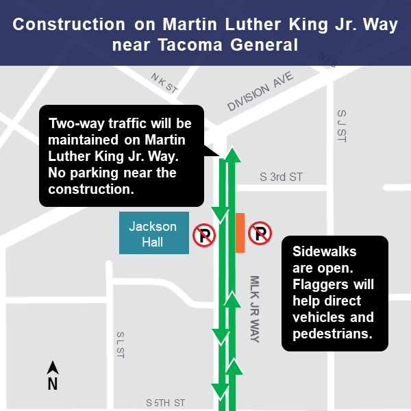 Map of construction area on Martin Luther King Jr. Way in Tacoma near Tacoma General, March 2019