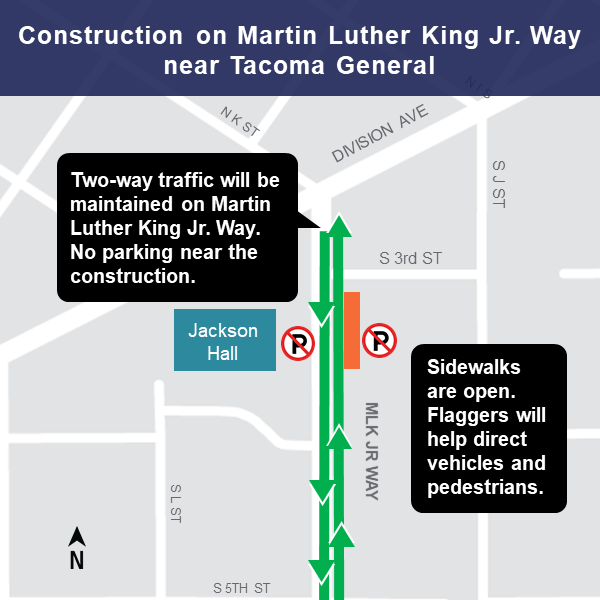 Map of Martin Luther King Jr. Way lane restriction, Tacoma, March 11, 2019