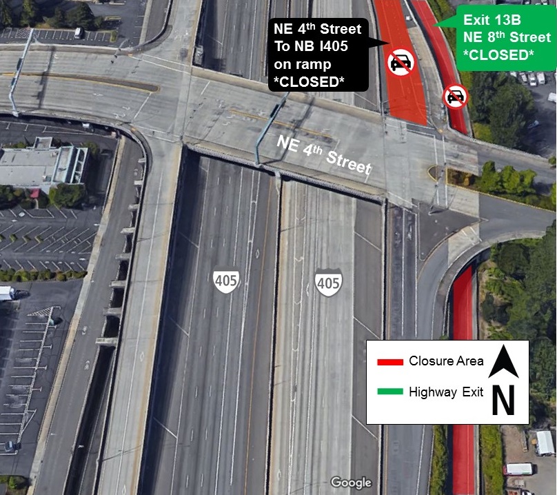 Map showing ramp closures on I-405 for May 1, 2019.