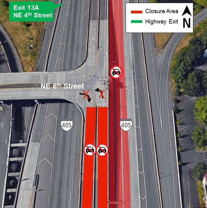 Map showing exit closures on I-405 for April 29, 2019.
