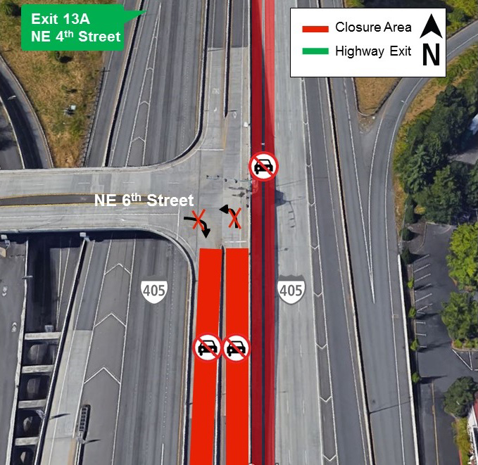 Map of lane closures on I-405 in downtown Bellevue.