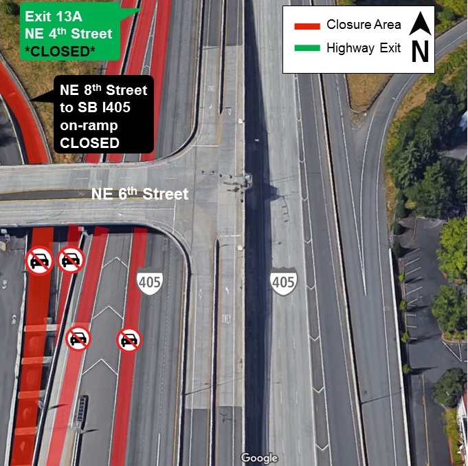 Map of lane and ramp closures for I-405 from April 22 to April 23, 2019.