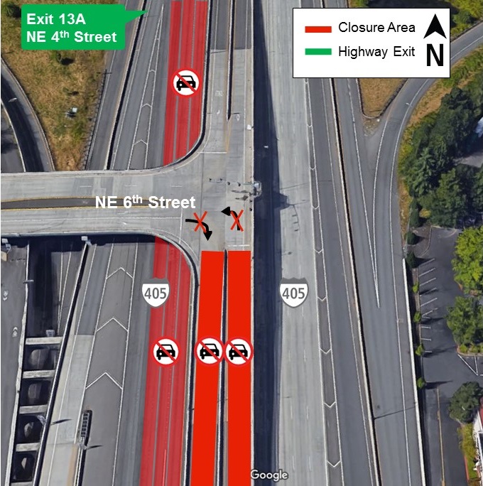 Map of lane and ramp closures for I-405 from April 24 to April 25, 2019.