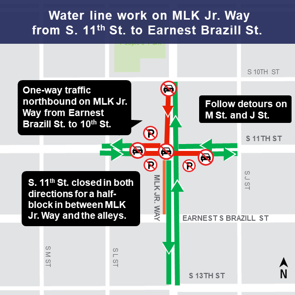 Map of Martin Luther King Jr. Way and 11th Street construction impacts.