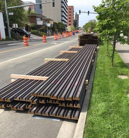 Link rails await installation on Stadium Way.