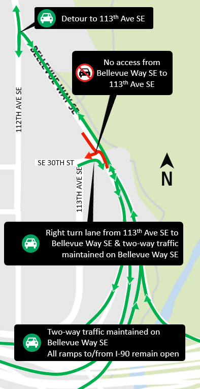 Map of paving closures on Bellevue Way Southeast.