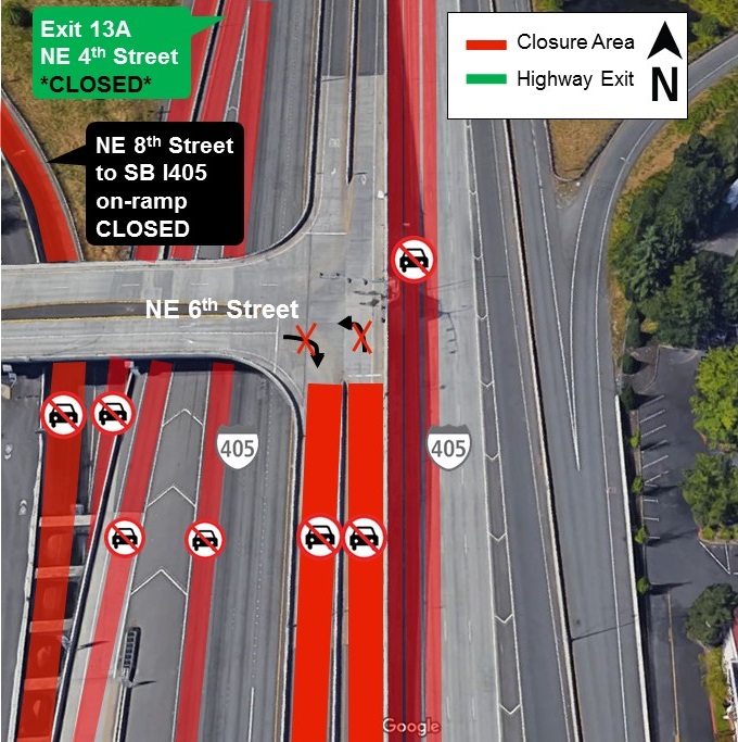 Map of June 3rd closures on I-405 in downtown Bellevue.