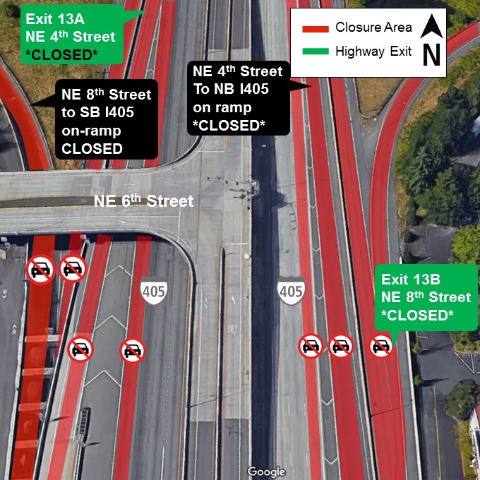 Map of June 6th closures on I-405 in downtown Bellevue.