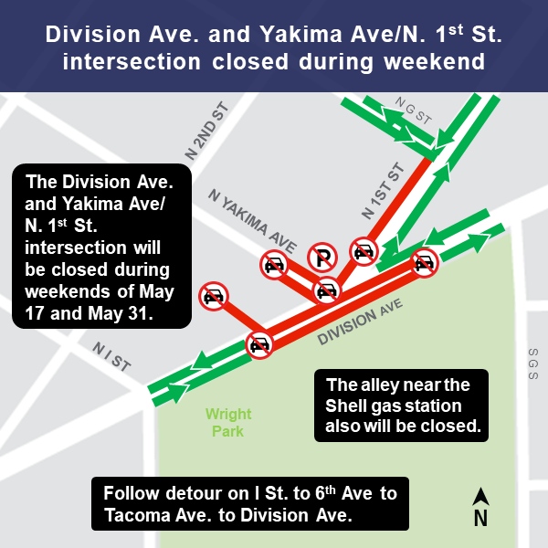 Map of construction impacts at Division Avenue and Yakima Avenue in Tacoma.