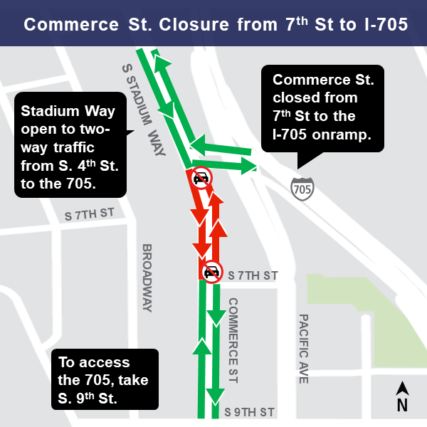 Map of Commerce Street closure from 7th Street to I-705.