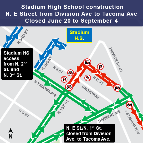 Map of construction impacts to streets around Stadium High School in Tacoma.