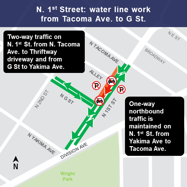 Map of water line work on North 1st Street from Tacoma Avenue to G Street.
