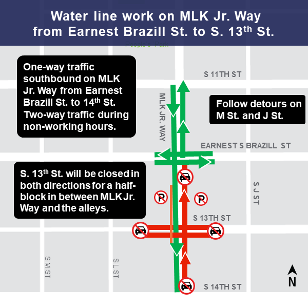 Map of construction impacts at MLK Jr. Way and 13th.