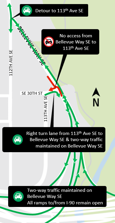 Map of Bellevue Way Southeast paving closures.