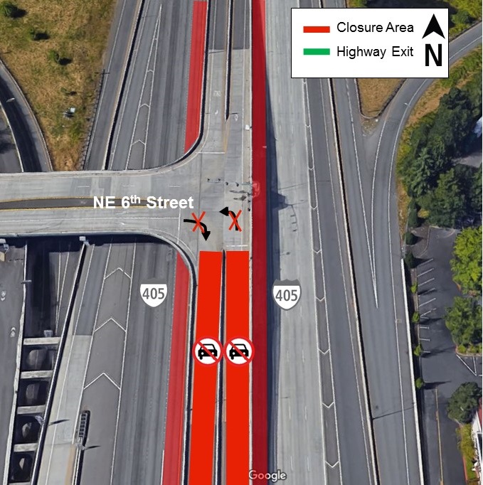 Map of I-405 closures in central Bellevue for June 24, 2019.