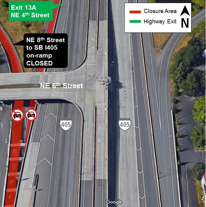 Map of I-405 closures in central Bellevue for June 25, 2019.