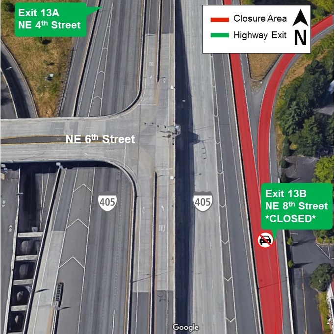 Map of I-405 closures in central Bellevue for June 26, 2019.