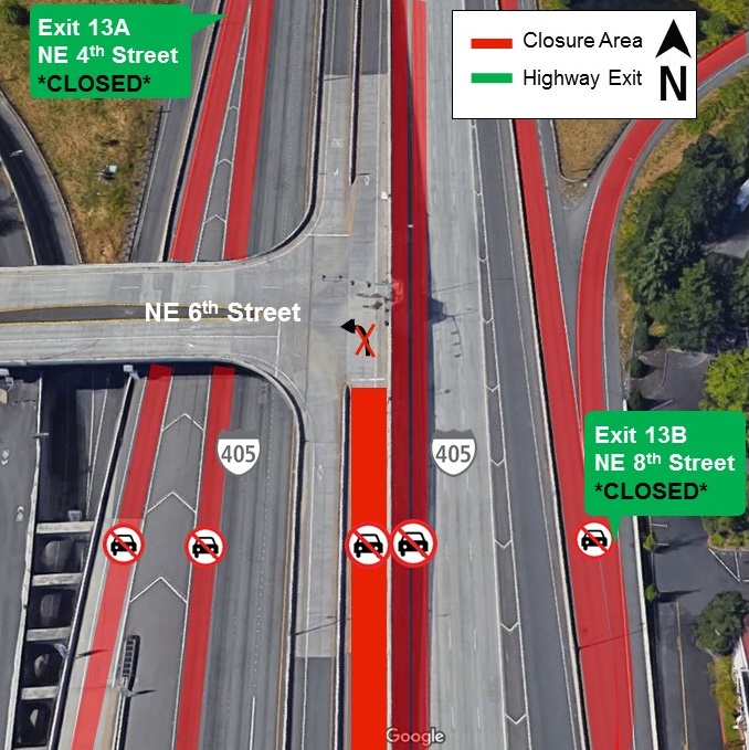 Map of I-405 closures in central Bellevue for June 27, 2019.