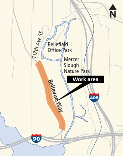 Map of construction impacts on Bellevue Way Southeast between the South Bellevue Station site and the "Y" at 112th Avenue Southeast.