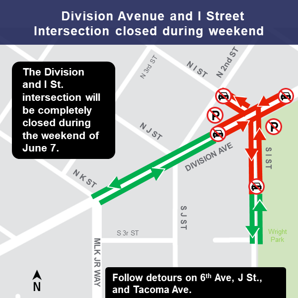 Map of intersection closure at Division Avenue and I Street.