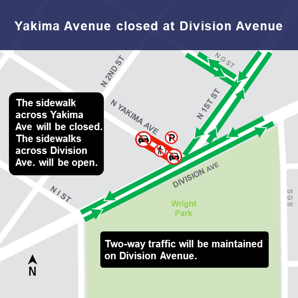 Map of closure of Yakima Avenue at Division Avenue.