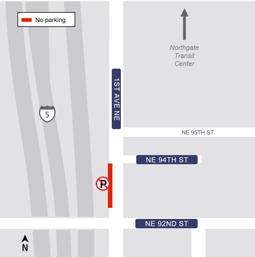 Map of parking restrictions along 1st Avenue Northeast.