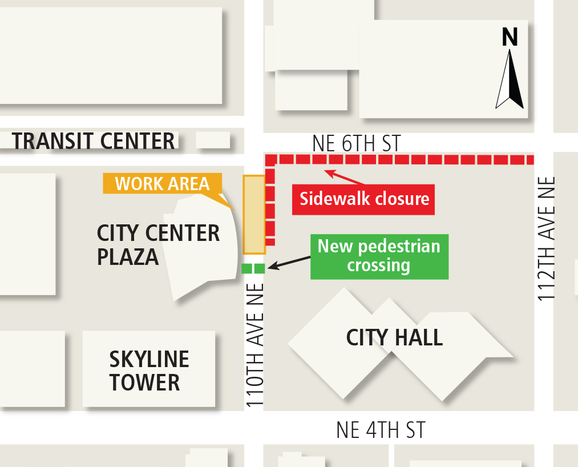 Map of sidewalk closure along 110th Avenue Northeast in Bellevue.