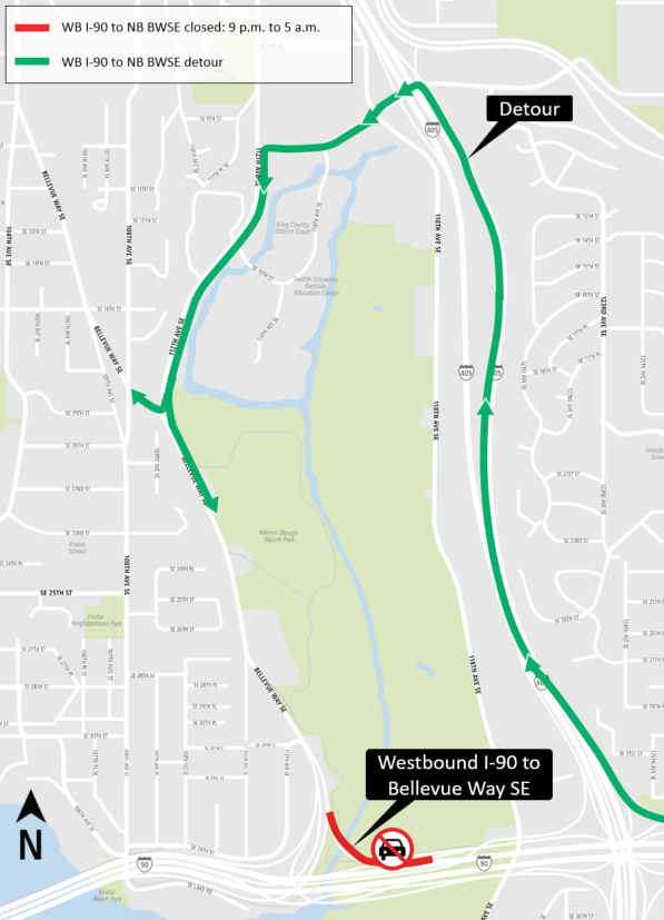 Map of overnight closure of the westbound I-90 to northbound Bellevue Way Southeast ramp.