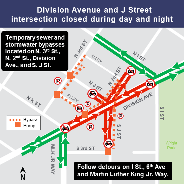 Map of Division Avenue and J Street intersection closure.