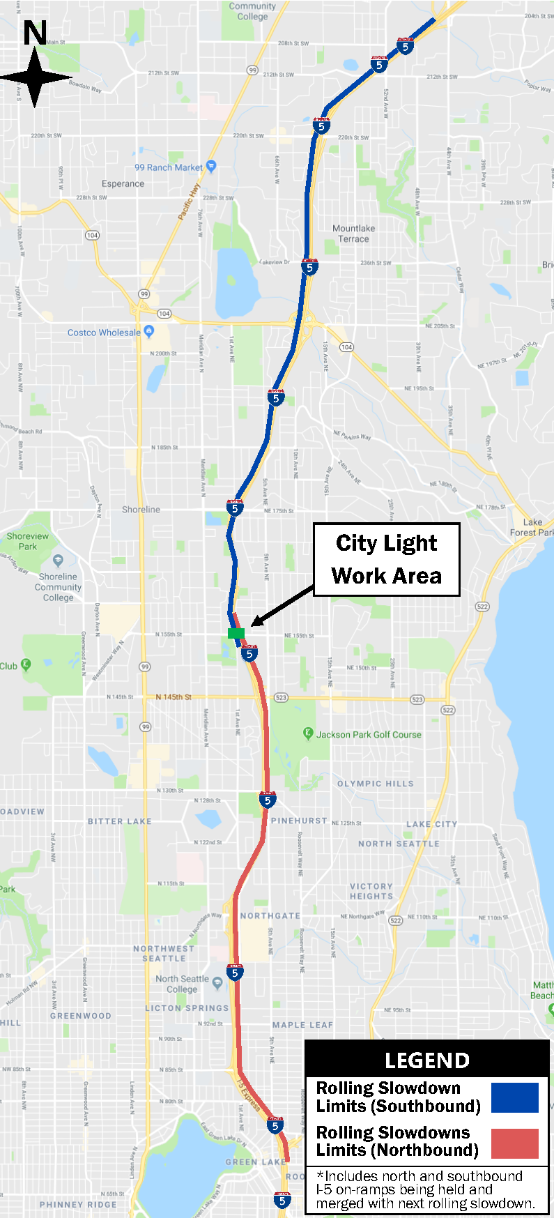 Map of Seattle City Light rolling slowdowns along I-5.