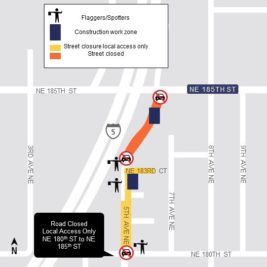 Map of 5th Avenue Northeast lane closure between Northeast 180th Street and Northeast 185th Street.