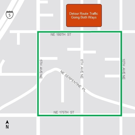 Detour map for 5th Avenue Northeast lane closure.