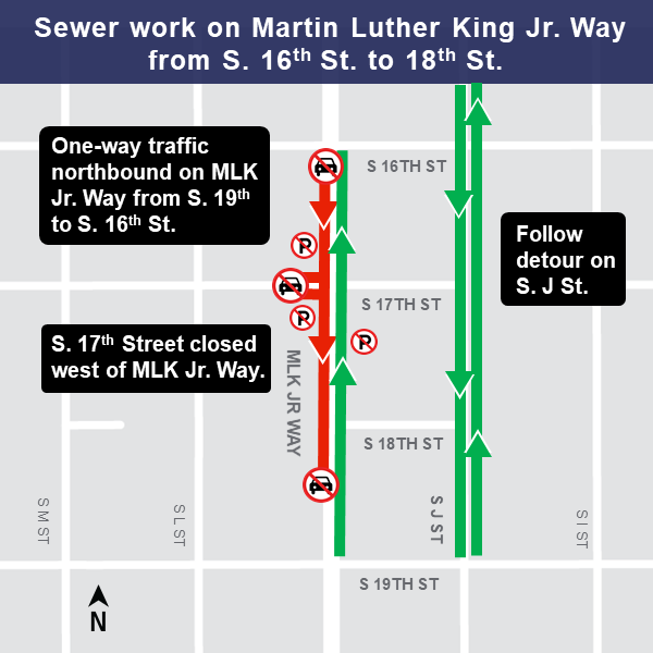 Map of Martin Luther King, Jr Way from S 16th St to 18th St