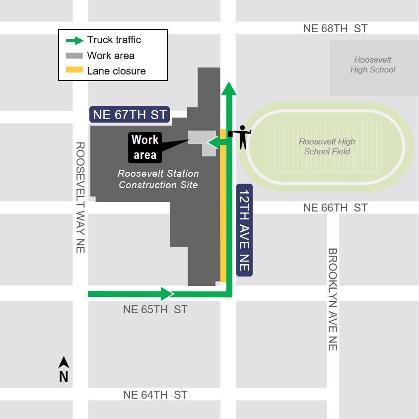 Map of left lane closure on 12th Avenue Northeast.