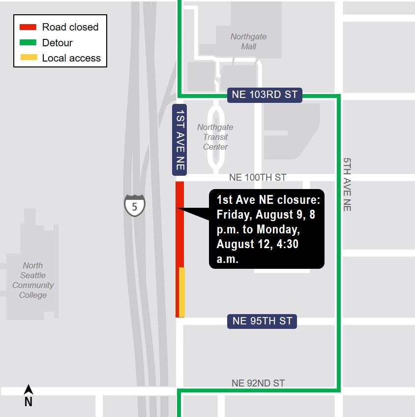 Map of 1st Ave Northeast closure area