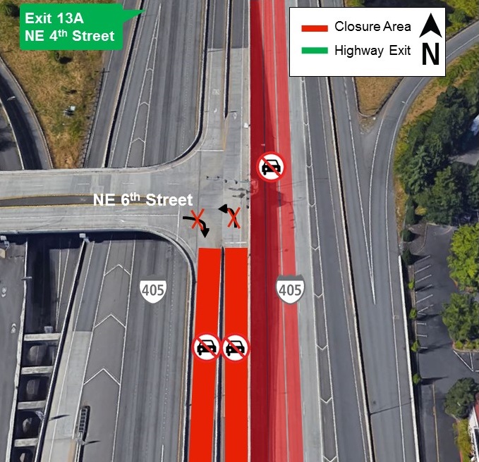 Map of I-405 closures in downtown Bellevue for Sept. 3.