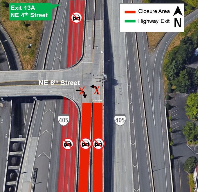 Map of I-405 closures in downtown Bellevue for Sept. 4.