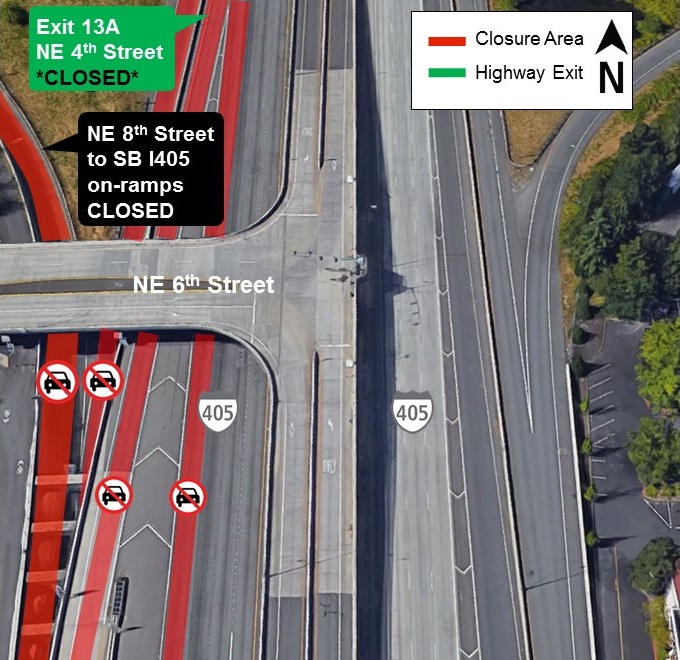 Map of I-405 closures in downtown Bellevue for Sept. 5.