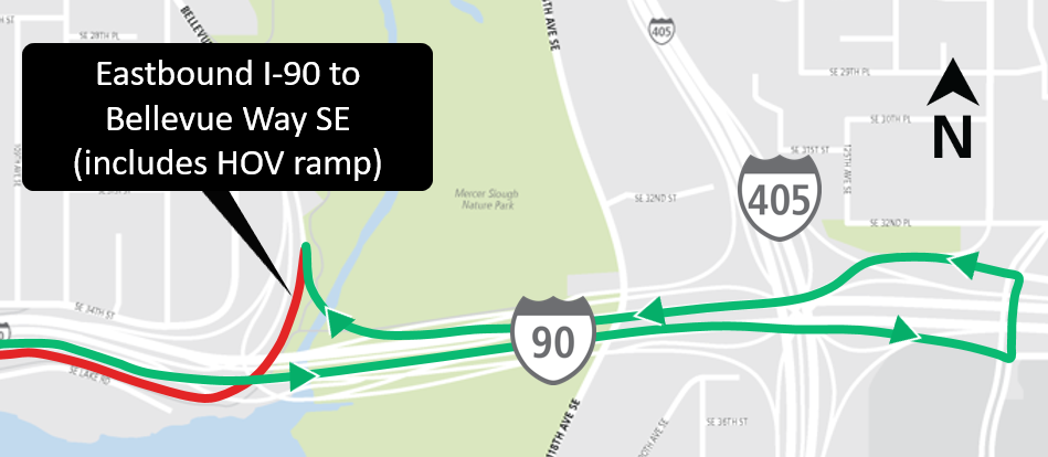 Map of Eastbound I-90 to Bellevue Way Ramp closure