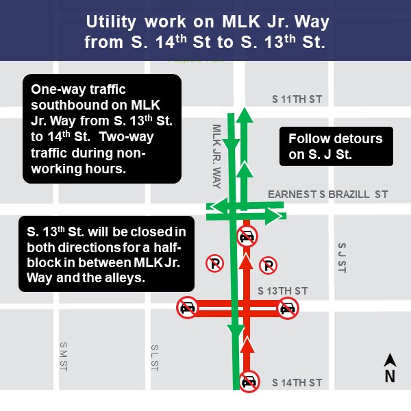 Map of construction impact on MLK Jr. Way from South 14th Street to South 13th Street, Tacoma.