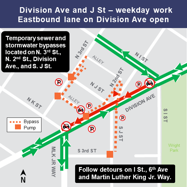 Map of weekday work at Division and J Street.