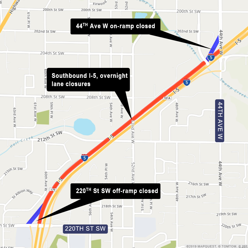 Map of I-5 Lane closures near Lynnwood