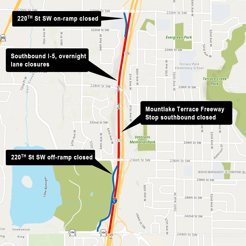 Map of Interstate 5 ramp closures.