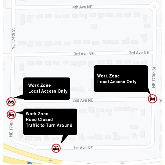 Map of traffic impacts for Ronald water waste line relocation.