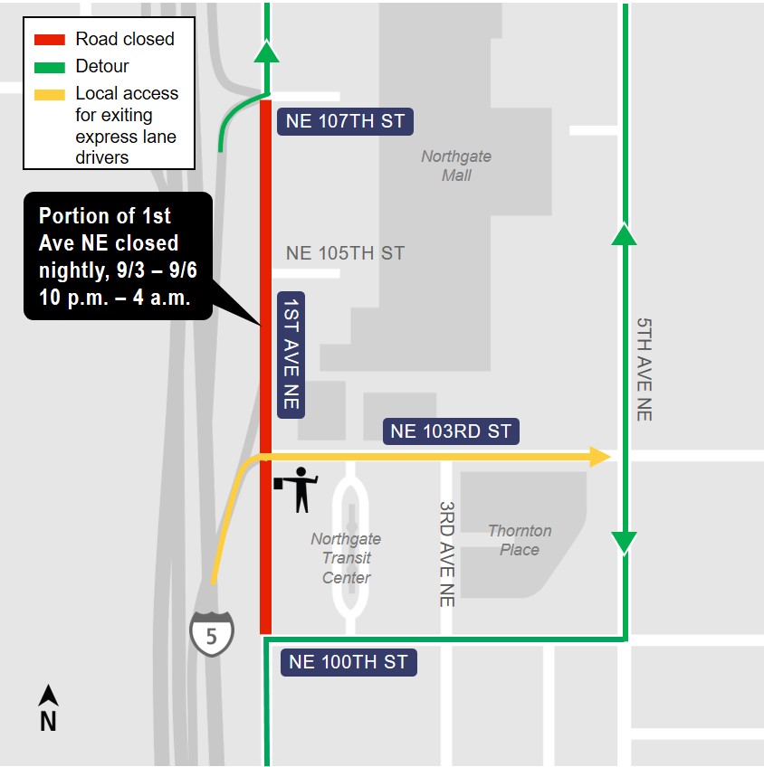 Map of 1st Avenue Northeast closure near Northgate Transit Center.
