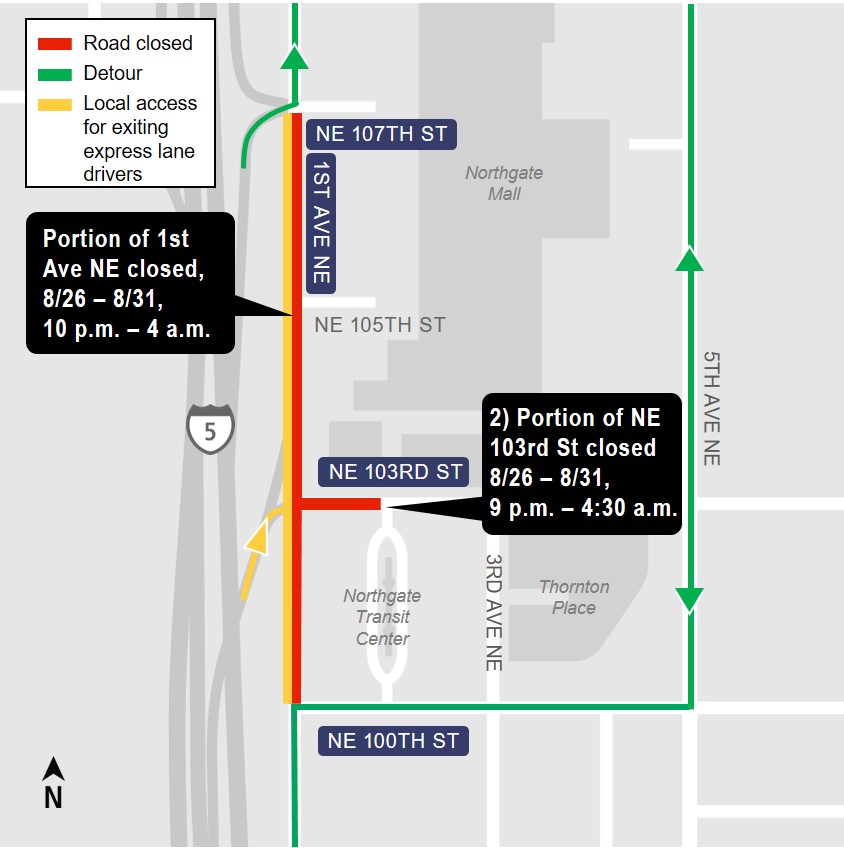 Map of street closure at Northgate Transit Center.