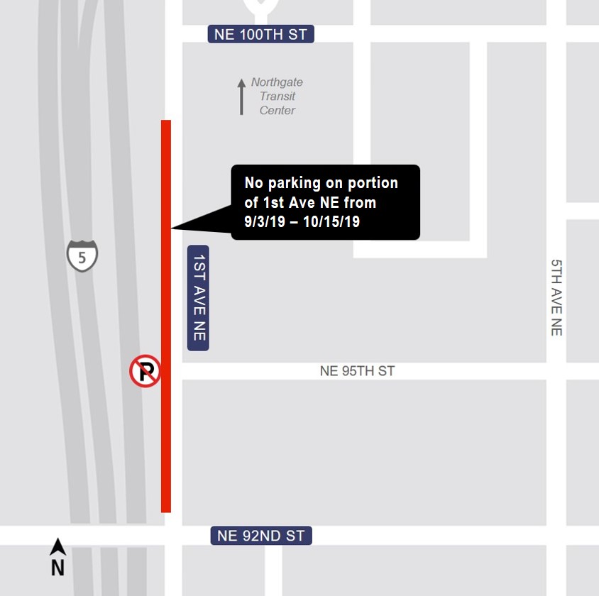 Map of street parking restrictions near Northgate Transit Center.