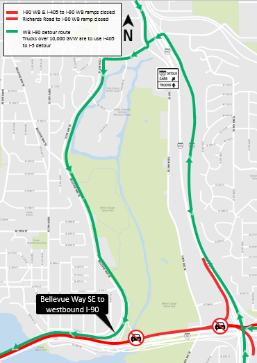 Map of traffic impacts on Interstate 90 westbound between I-405 and Bellevue Way Southeast.