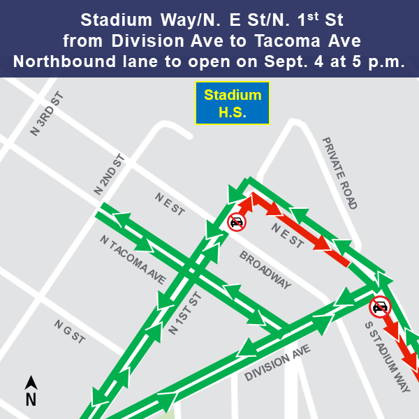 Map of construction impacts in Tacoma around Stadium High School.
