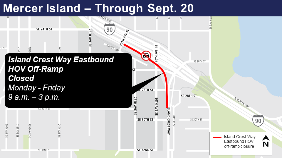 Map of Island Crest Way Weekday off-ramp closure